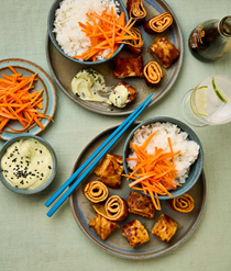 Omelette rolls with rice, pickles and wasabi mayo