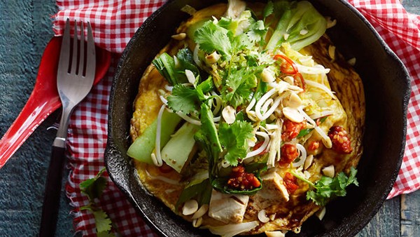 Omelette with tofu, greens and kecap manis