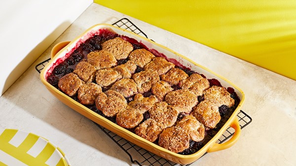 One-bowl blackberry cobbler with easy cinnamon-sugar buttermilk biscuits