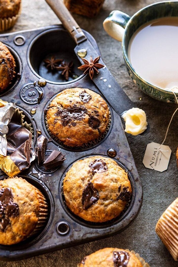 One bowl chocolate chunk chai banana muffins