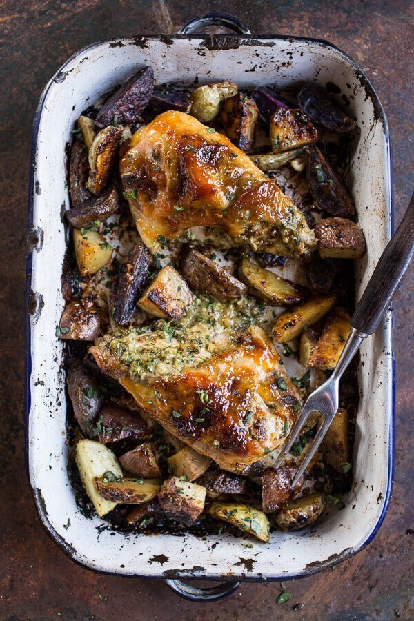 One-pan apricot glazed walnut and Brie stuffed chicken breast with roasted potatoes