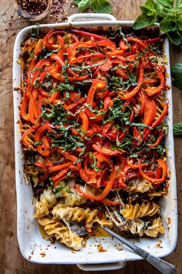 One pan baked cheesy basil pasta
