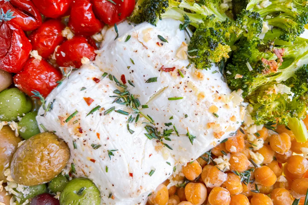 One-pan baked goat cheese with chickpeas & broccoli