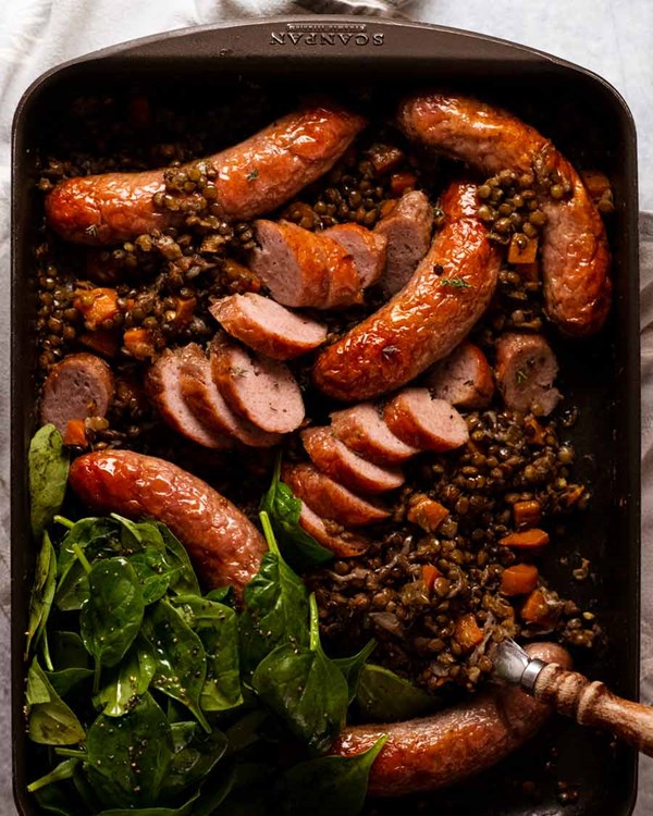 One-pan baked sausage and lentils
