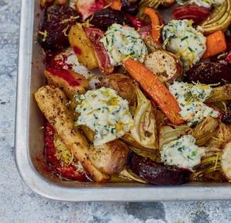 One-pan baked veggies with roast fennel and herby ricotta