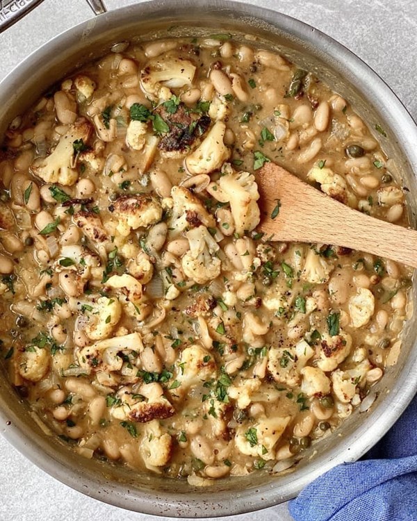 One-pan braised cauliflower with white bean piccata