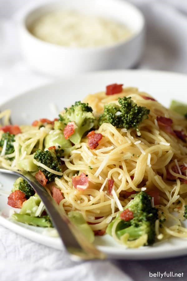 One-pan broccoli and bacon angel hair pasta