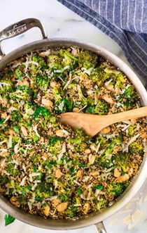 One pan broccoli quinoa skillet with Parmesan and white beans