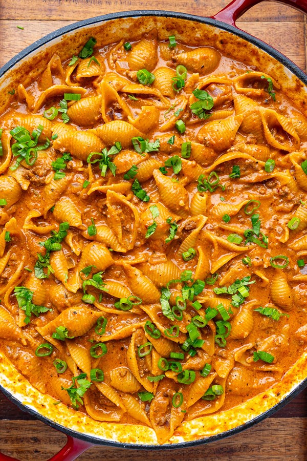 One-pan cheesy beef enchilada pasta