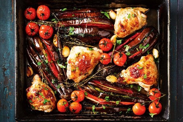One-pan chicken and eggplant bake