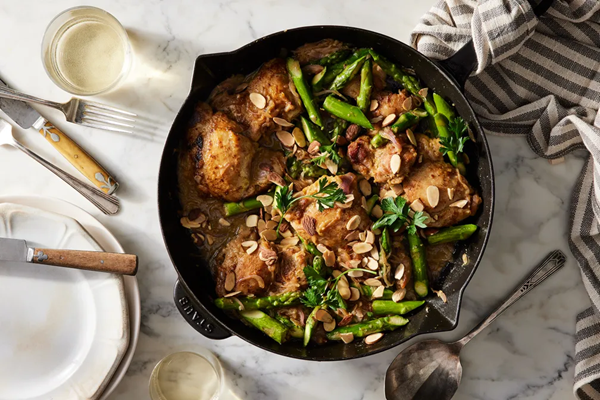 One-pan chicken with asparagus, almonds & miso butter