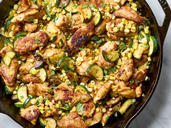 One-pan chicken with charred corn and zucchini