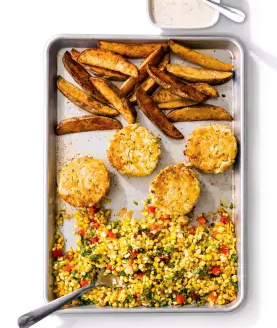 One-pan crab cakes with roasted corn and Old Bay fries