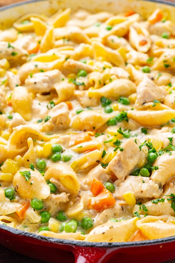 One-pan creamy chicken pot pie pasta