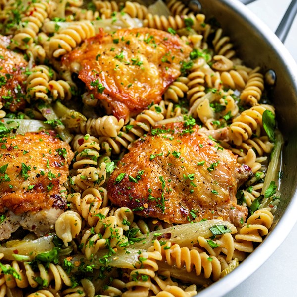 One-pan crispy braised thighs and fennel pasta