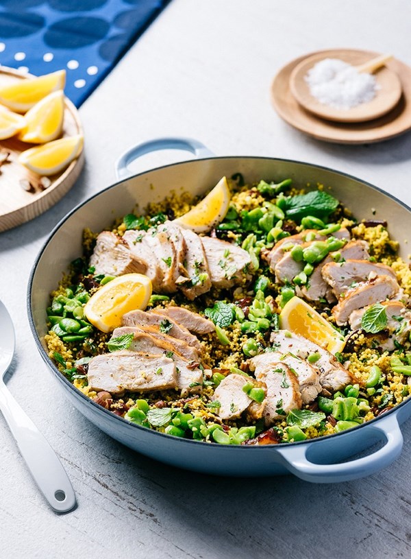 One-pan cumin chicken with orange couscous, dates and almonds