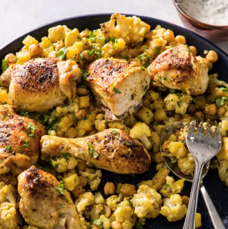 One-pan curried roast chicken with cauliflower, potatoes, and chickpeas
