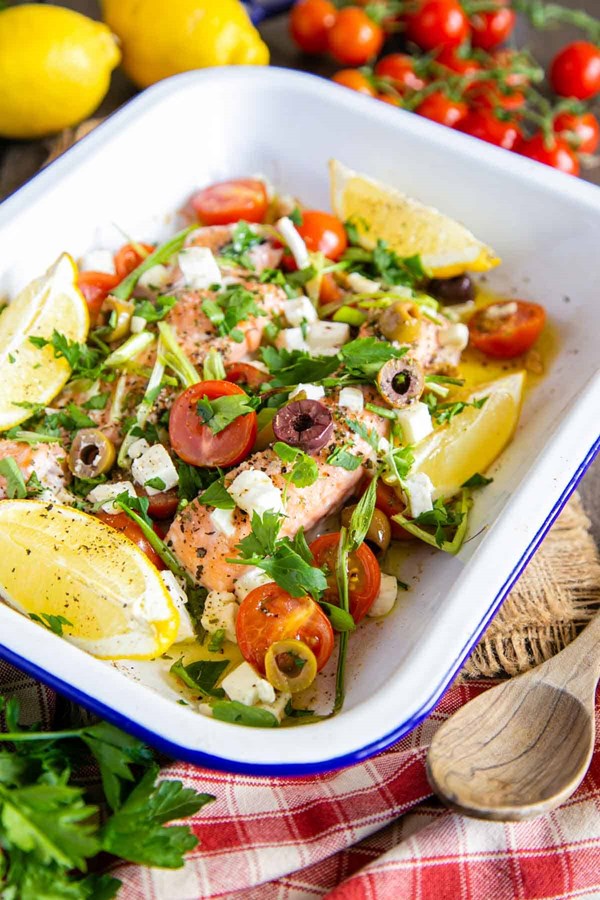 One pan Greek salmon