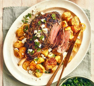 One-pan herby roast lamb with lemon, potatoes and feta