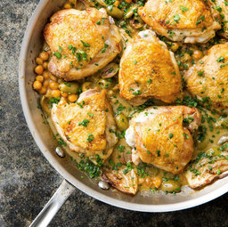 One-pan lemon-braised chicken thighs with chickpeas and fennel