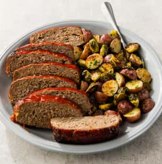 One-pan meatloaf with potatoes and Brussels sprouts