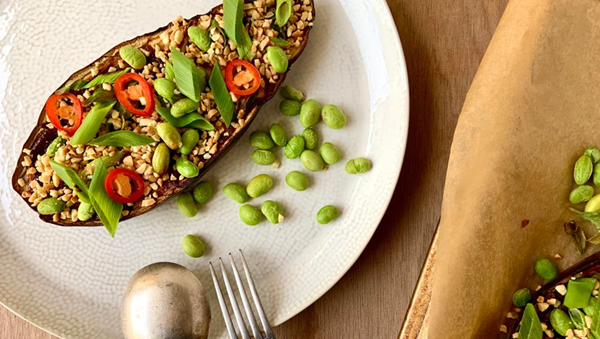 One pan miso aubergine with peanuts