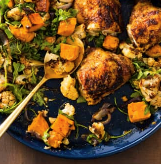 One-pan Peruvian chicken with cauliflower and sweet potatoes