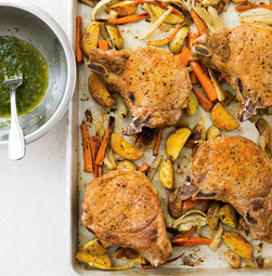 One-pan pork chops and roasted vegetables