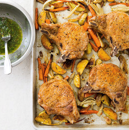 One-pan pork chops and roasted vegetables