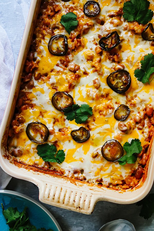 One pan rice and bean enchilada casserole