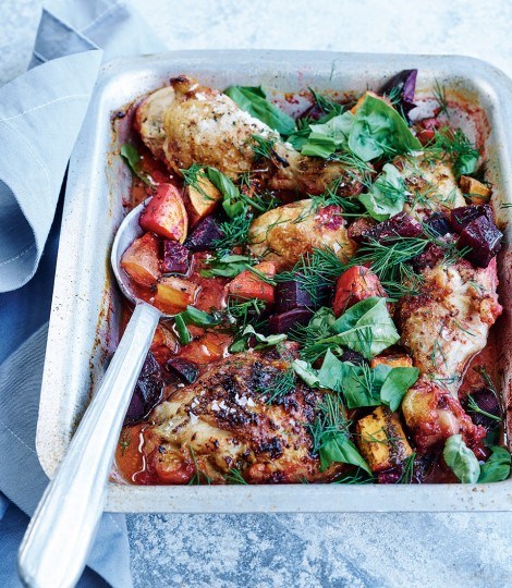 One-pan roast chicken, beetroot and mascarpone