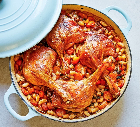 One-pan roast duck legs with white beans & carrots