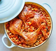 One-pan roast duck legs with white beans & carrots