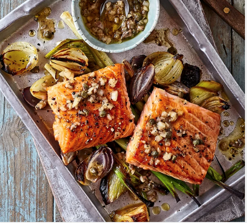 One-pan roast salmon with leeks, onions & parsley dressing