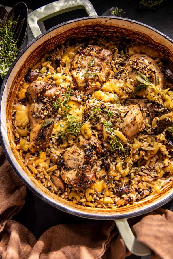 One pan roasted herb chicken and wild rice