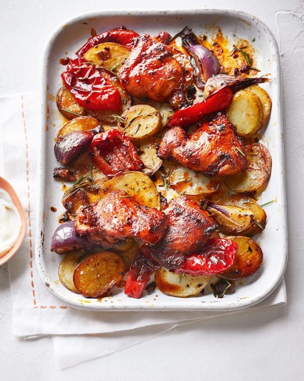 One-pan roasted paprika chicken thighs with aïoli and rosemary roasties 