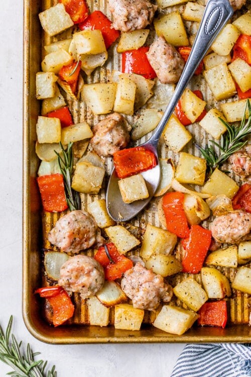 One pan roasted potatoes, sausage and peppers
