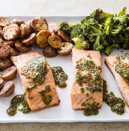 One-pan roasted salmon with broccoli and red potatoes