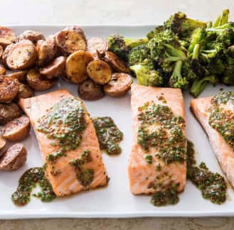 One-pan roasted salmon with broccoli and red potatoes