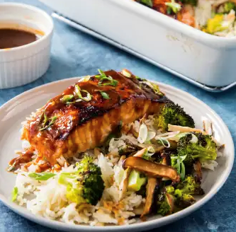 One-pan salmon with rice, broccoli, and shiitake mushrooms