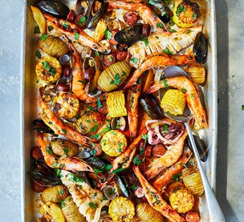 One-pan seafood roast with smoky garlic butter