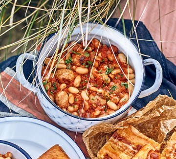 One-pan smoky beans & sausage meatballs