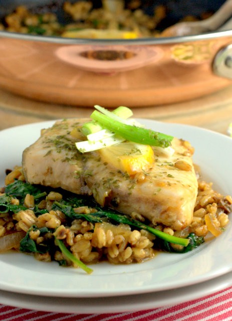 One pan speltotto with poached fish