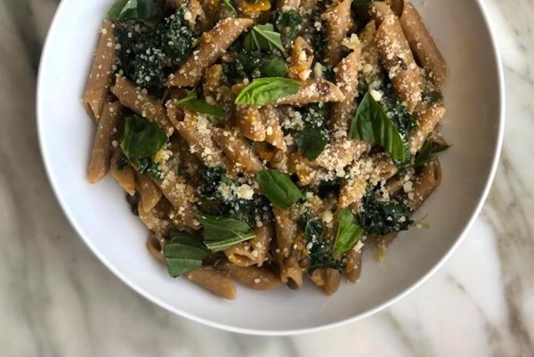 One-pan squash, caper, and kale pasta 
