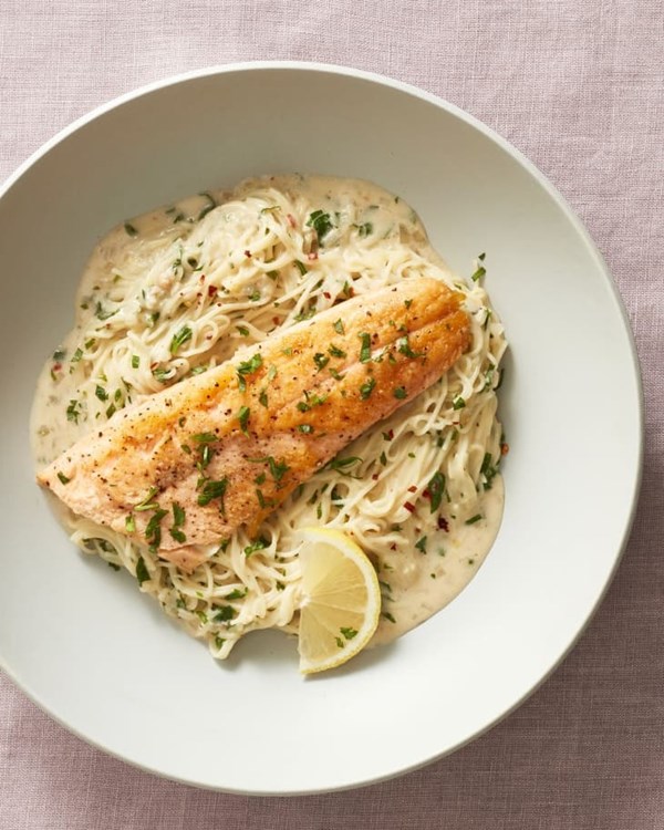 One-pan steelhead trout with lemon-garlic angel hair 