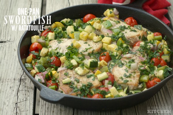 One-pan swordfish w/ratatouille