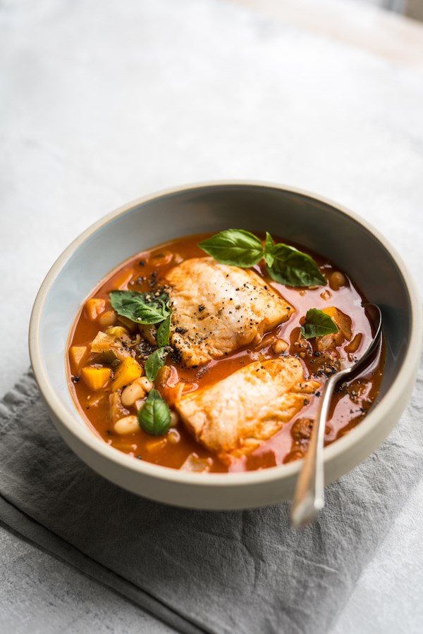 One-pan tomato & bean fish chowder