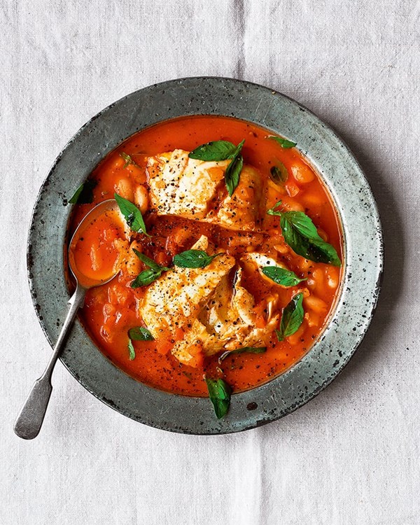 One-pan tomato and bean fish chowder