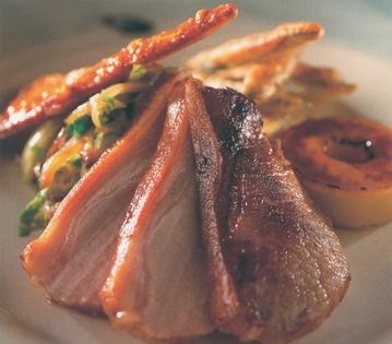 One-piece roast pork with caramelized apple and chestnut Brussels sprouts
