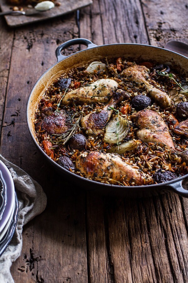 One-pot autumn herb roasted chicken with butter toasted wild rice